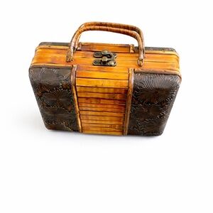 Vintage Wicker & Wood Handheld Storage Box / Picnic Style Case